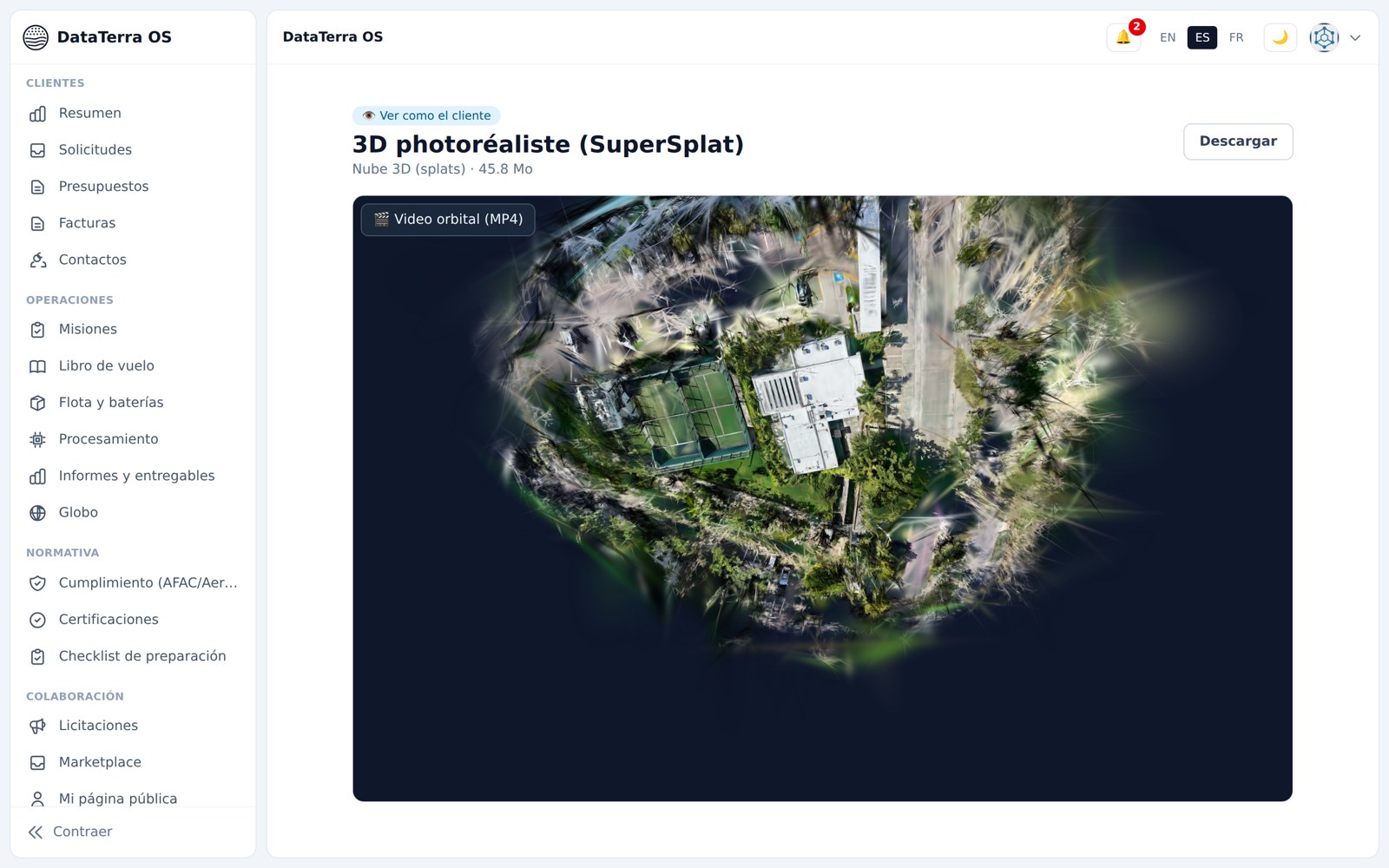 Visionneuse 3D photoréaliste (gaussian splat) d'un site relevé par drone