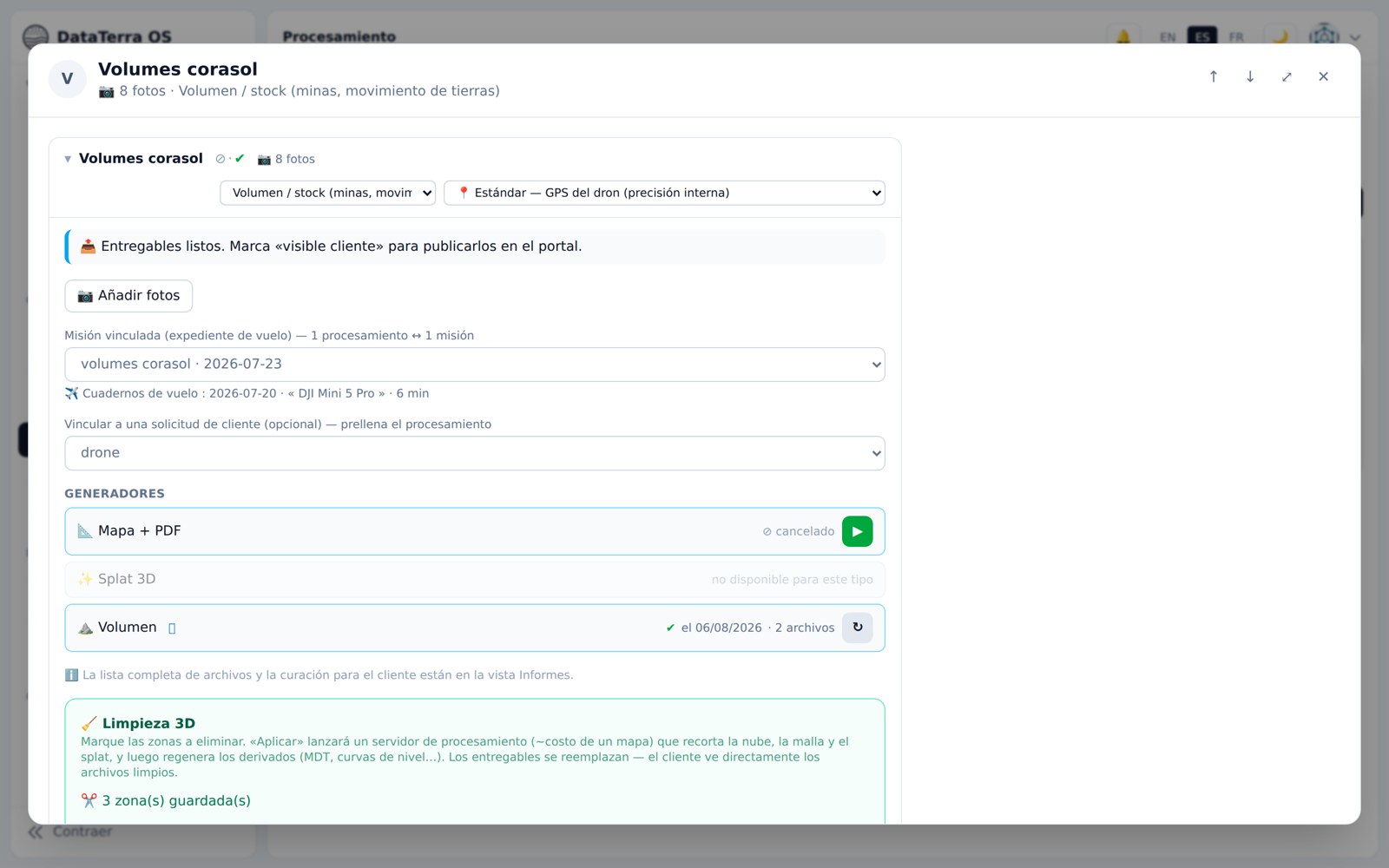 Calcul et suivi de volumes entre deux vols